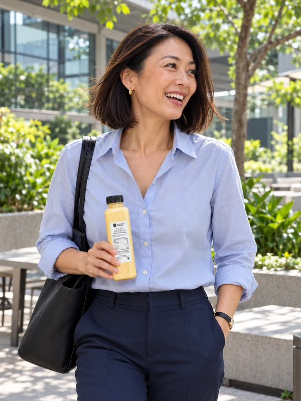 A smiling woman in a blue shirt holding a bottle of Yuzu Banana POP Smoothies outdoors