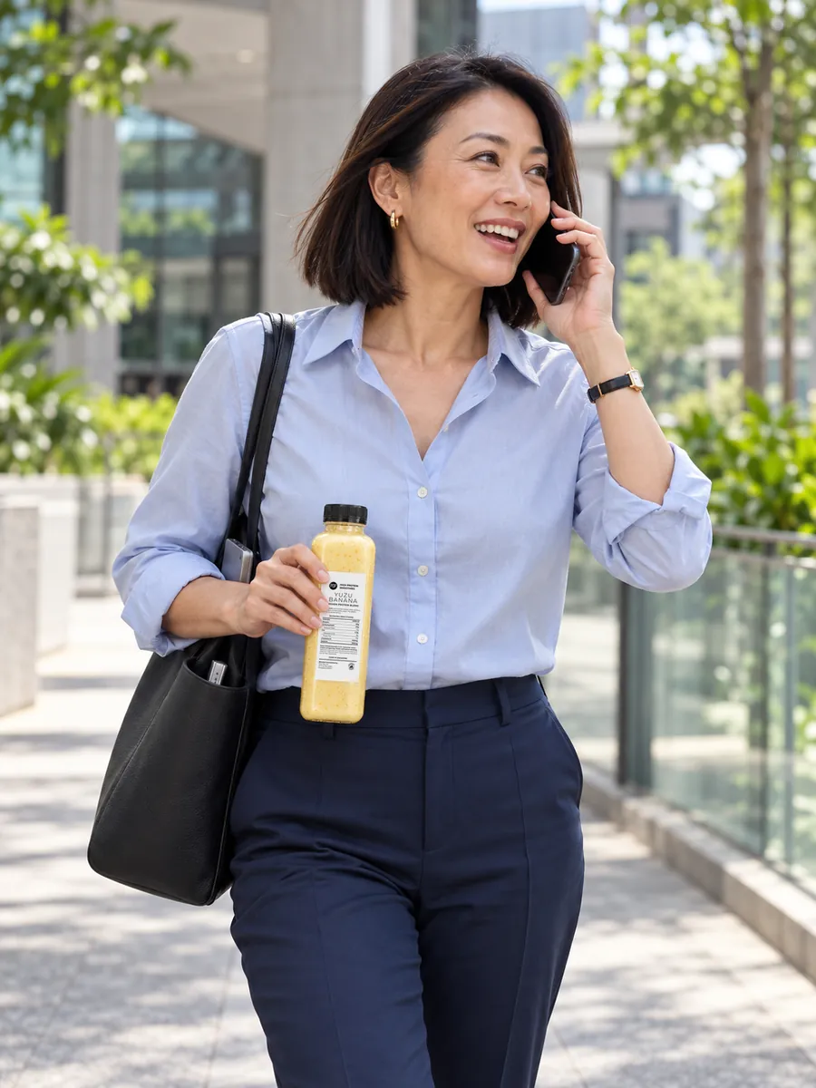 A woman walking between buildings on a phone call, carrying a tote bag and a bottle of Yuzu Banana POP Smoothies