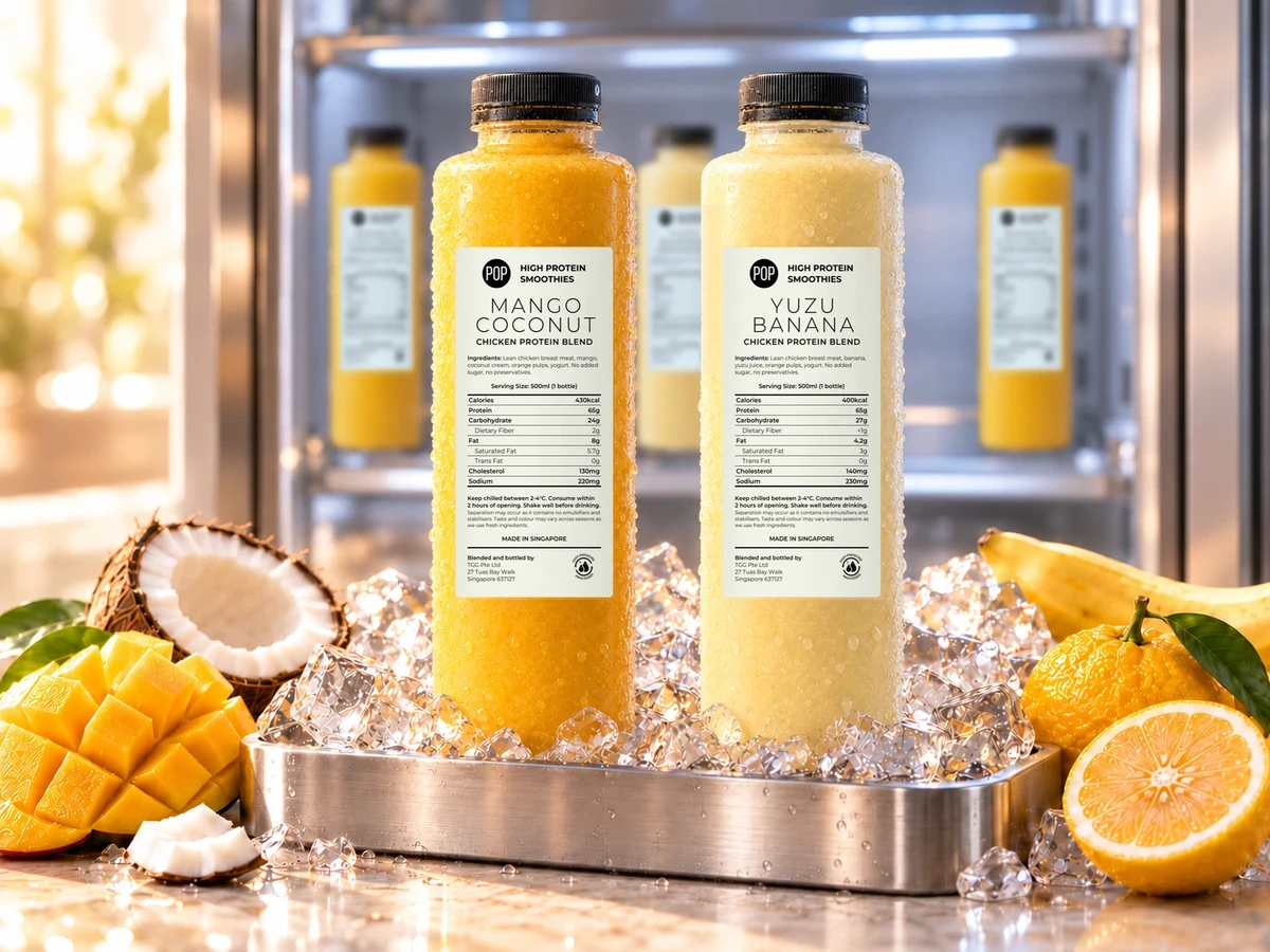 Mango Coconut and Yuzu Banana POP Smoothies in an ice-filled chilling tray, with chilled bottles behind them