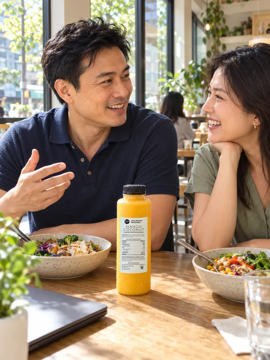 A man discussing lunch with his colleague at a table, a bottle of POP Smoothies in front of them