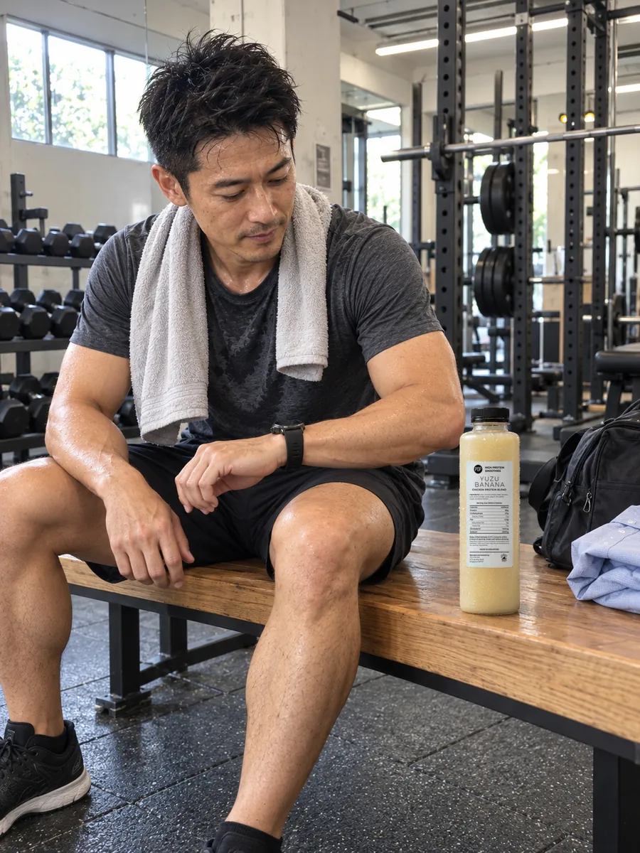 A man resting on a gym bench after a workout, towel around his neck, a bottle of Yuzu Banana POP Smoothies beside him