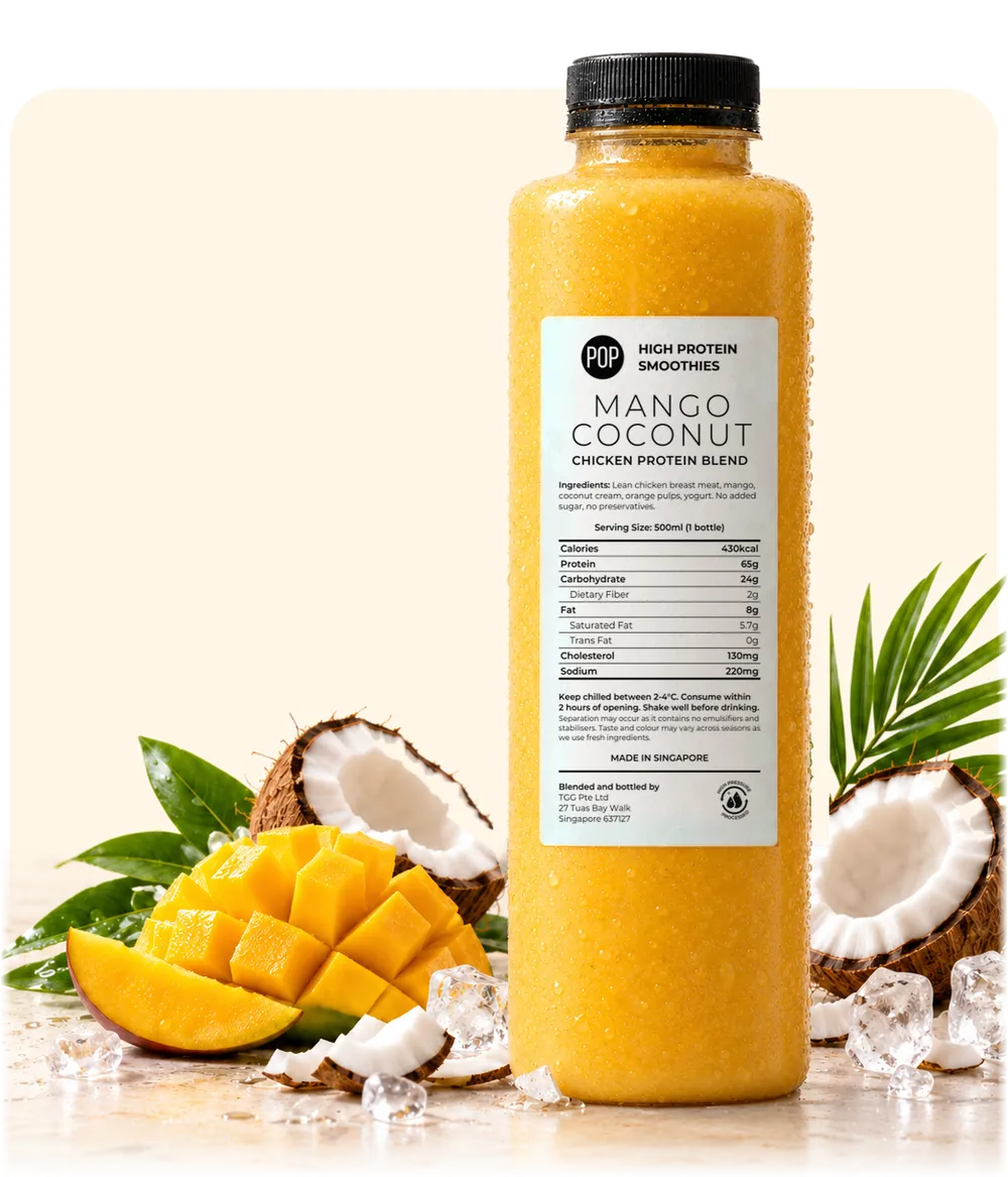 A bottle of Mango Coconut POP Smoothies with fresh mango, coconut and ice
