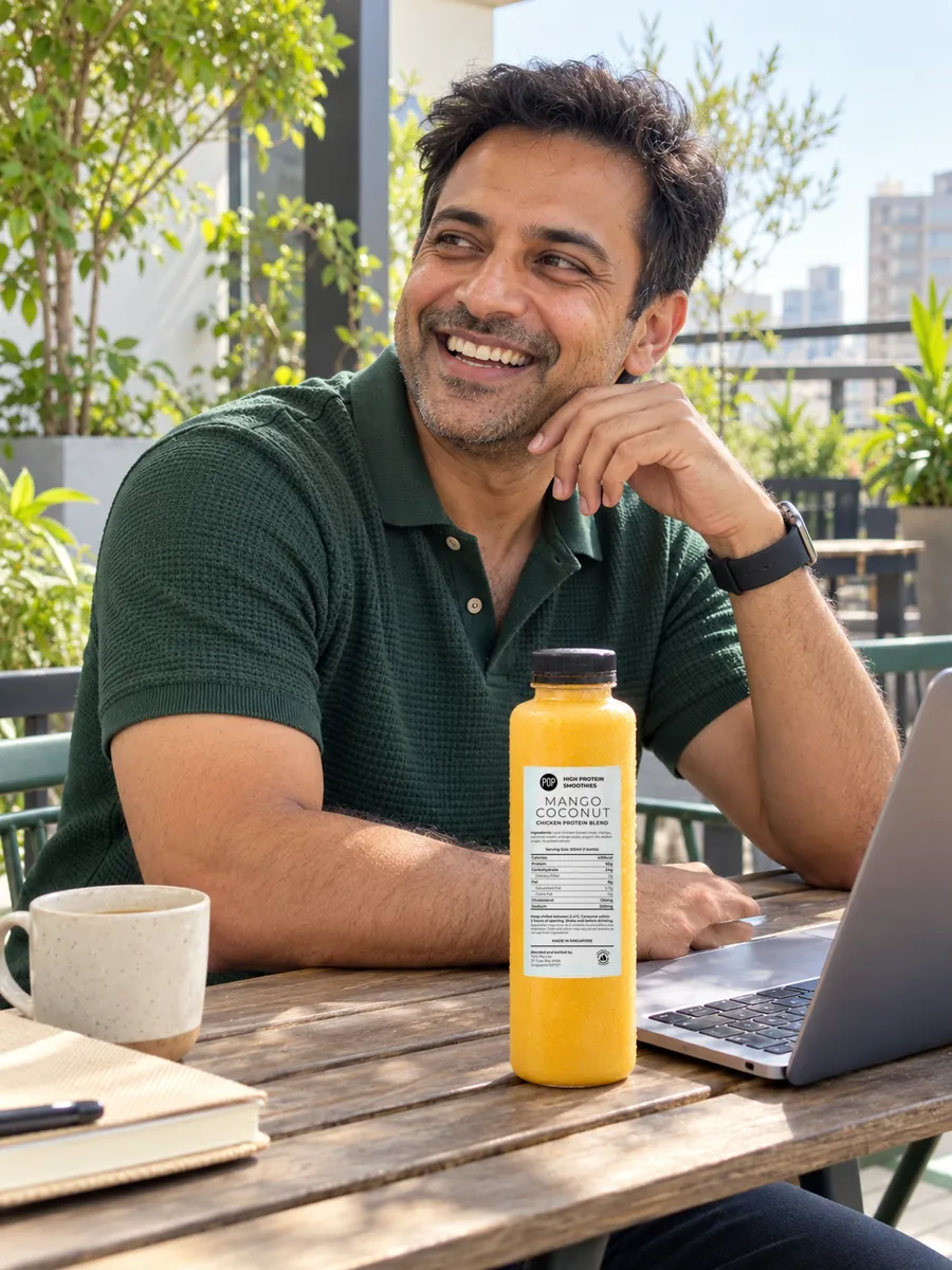 A man smiling at a sunlit outdoor table with a laptop and a bottle of Mango Coconut POP Smoothies in front of him